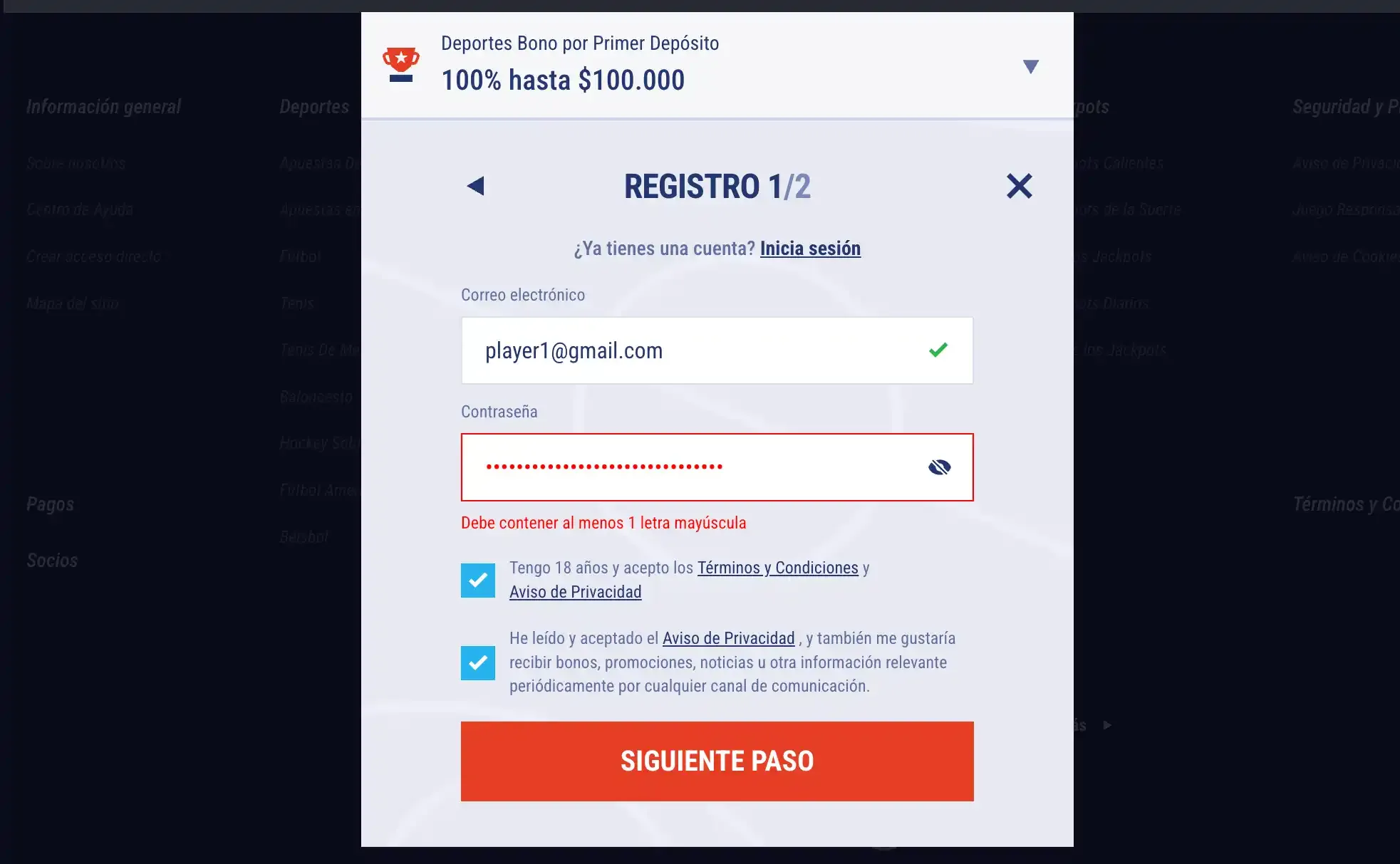 Tikitaka Casino Registro - Paso 1