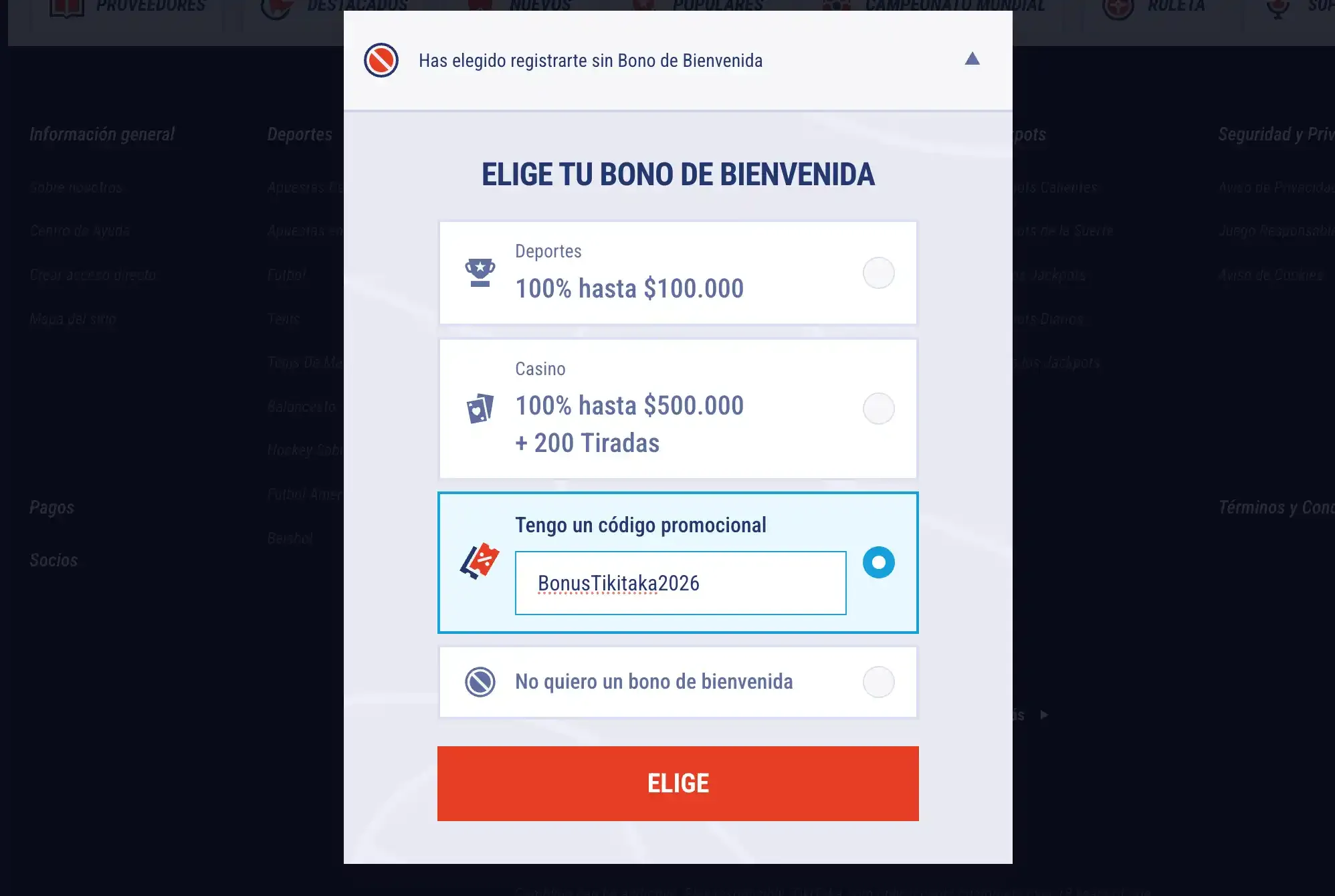 Tikitaka Elección del bono al registrarse